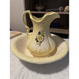 1950s Vintage Yellow Ironstone Wash Bowl And Pitcher